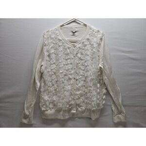 Women's Sz XL Cream Button Down Sweater Flower Appliqué Cottage